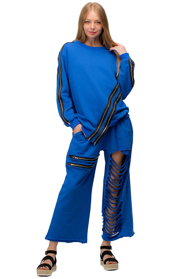 2 Pc Jogger with Zipper Accented Top and Slit Pant